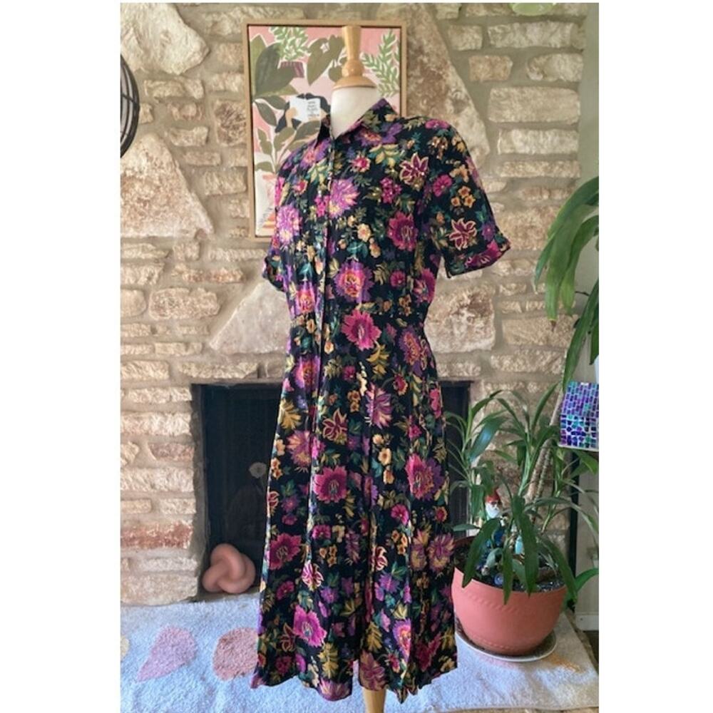 Vintage 90s Black Floral Button Up Dress 🌺 Size Large